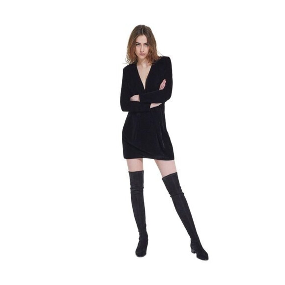 Kooples Short Black Velvet Dress Slim Fit V-Neck Long Sleeves Pleated Waist